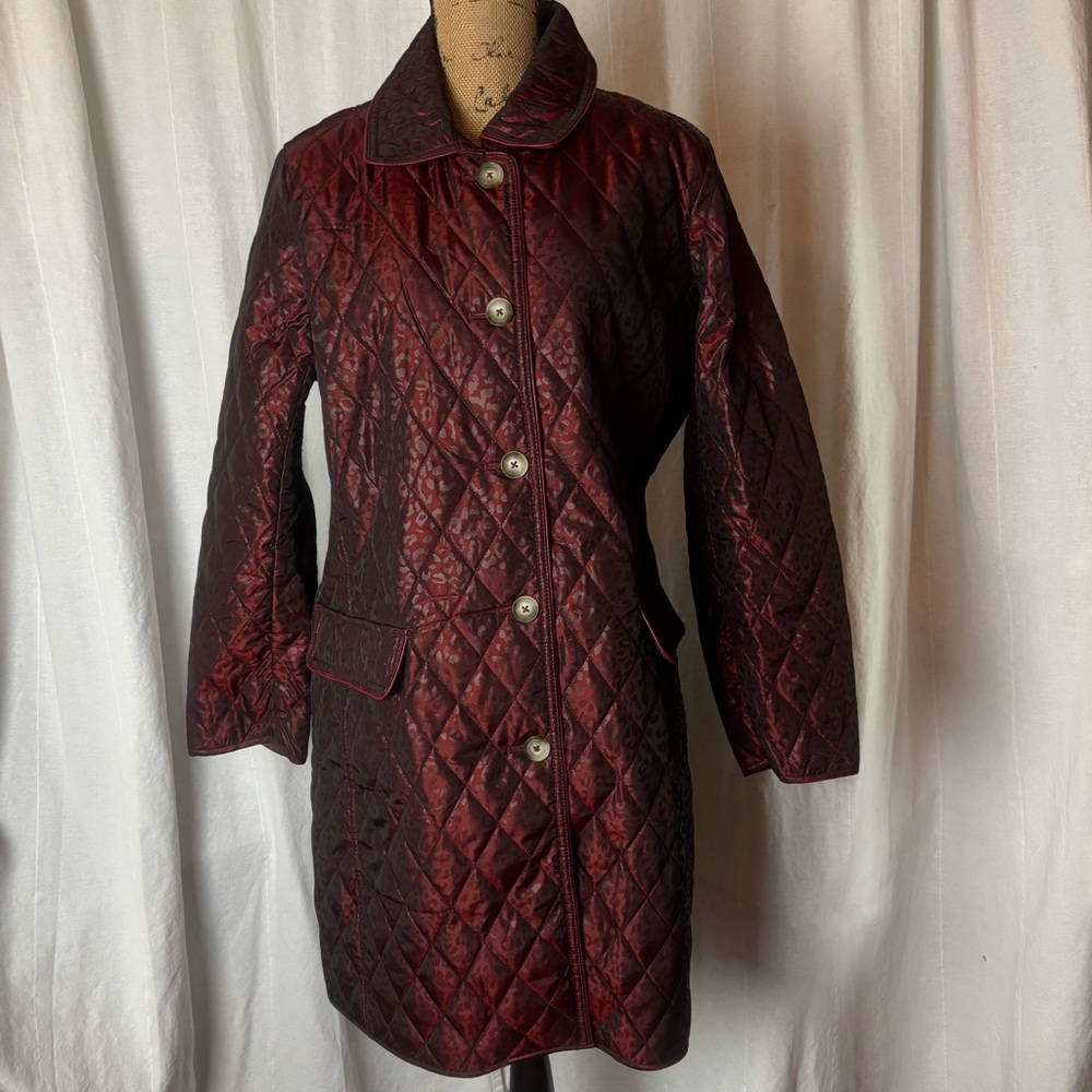 Chico’s Long Quilted Animal Print Midi Coat Shimmer Burgundy Size 3 XL 16-18